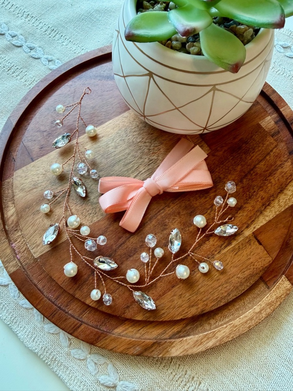 Pearl & Crystal Bridal Hair Vine with Pink Bow